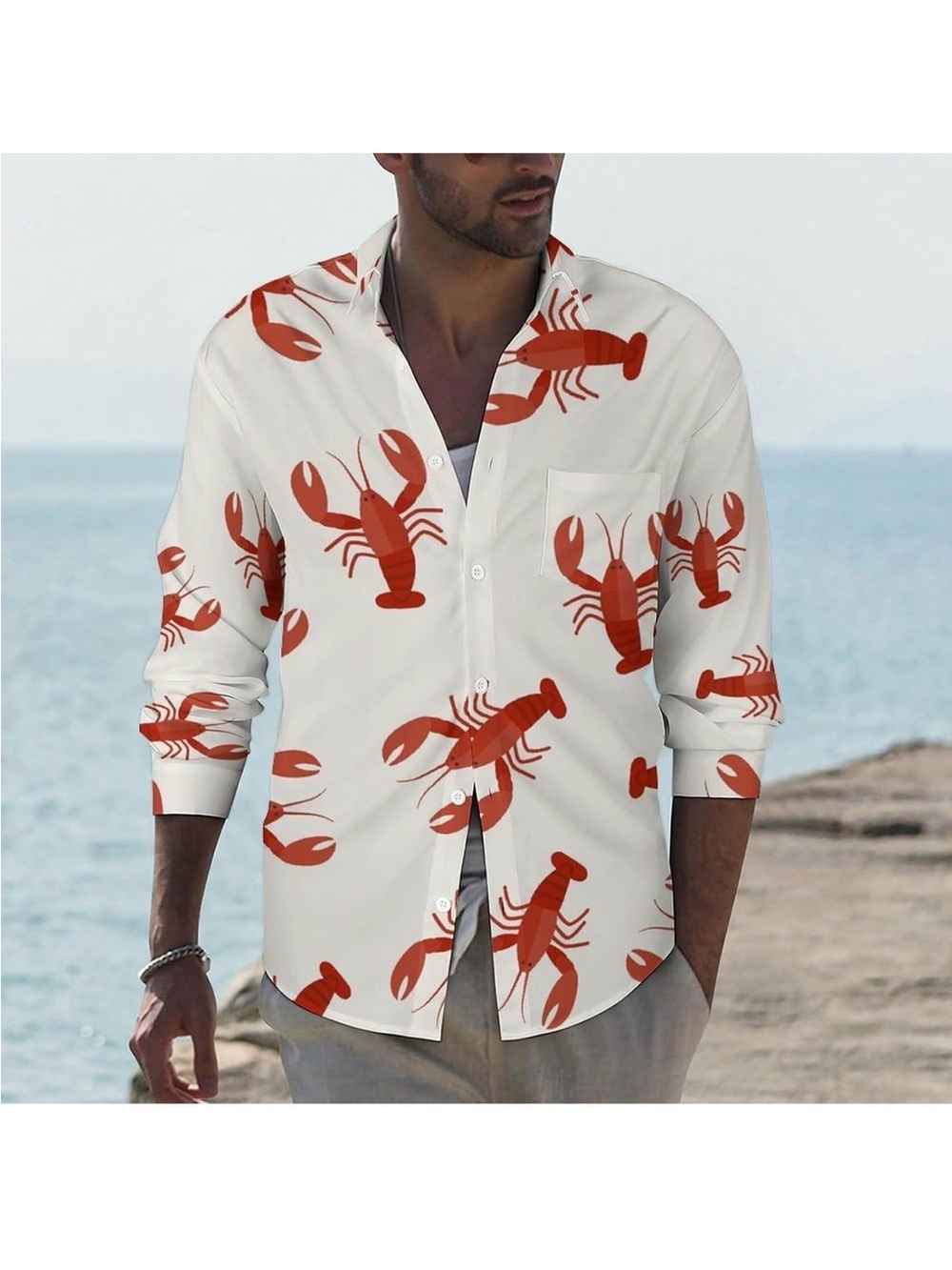 Hawaiian Lobster Crawfish casual button down shirt Top Men’s New Long Sleeve 2XL